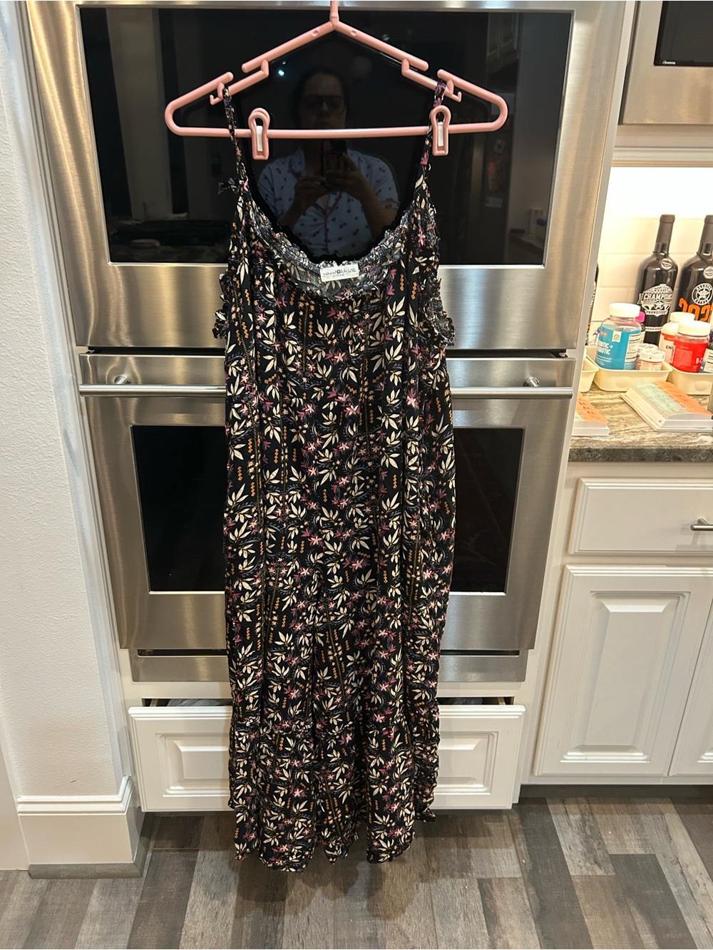 NATURAL LIFE Black Floral Maxi wide leg Jumpsuit size L/XL has strap damage